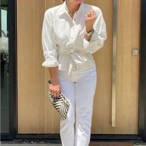 CABI Tied Up Button Front Shirt White with Taupe Stripe Sz M #4155 NWOT